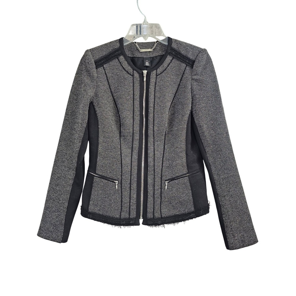White House Black Market Tweed Moto Jacket Black Grey Full Zip Blazer Womens 4